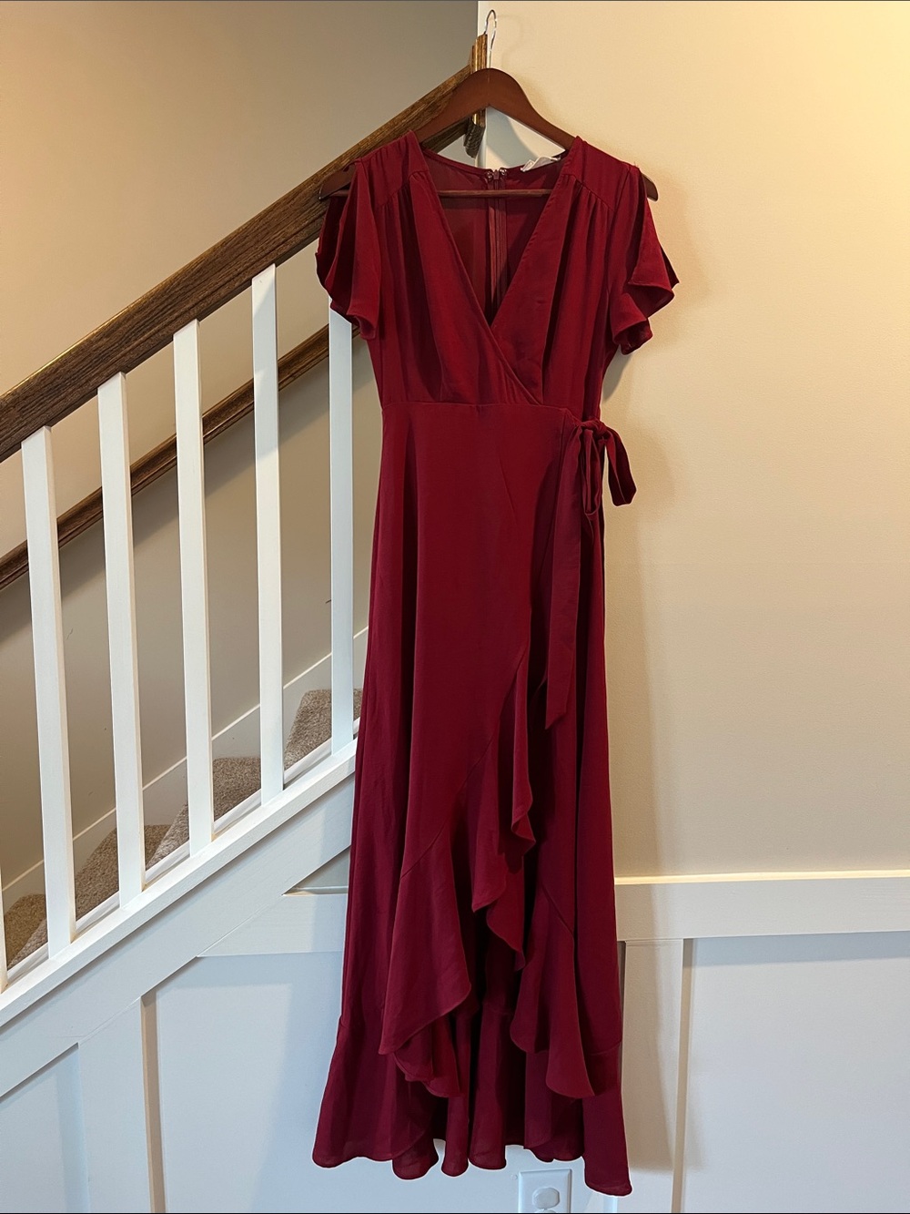 Altar'd State Burgundy Wrap Maxi Dress with Ruffle Detail
